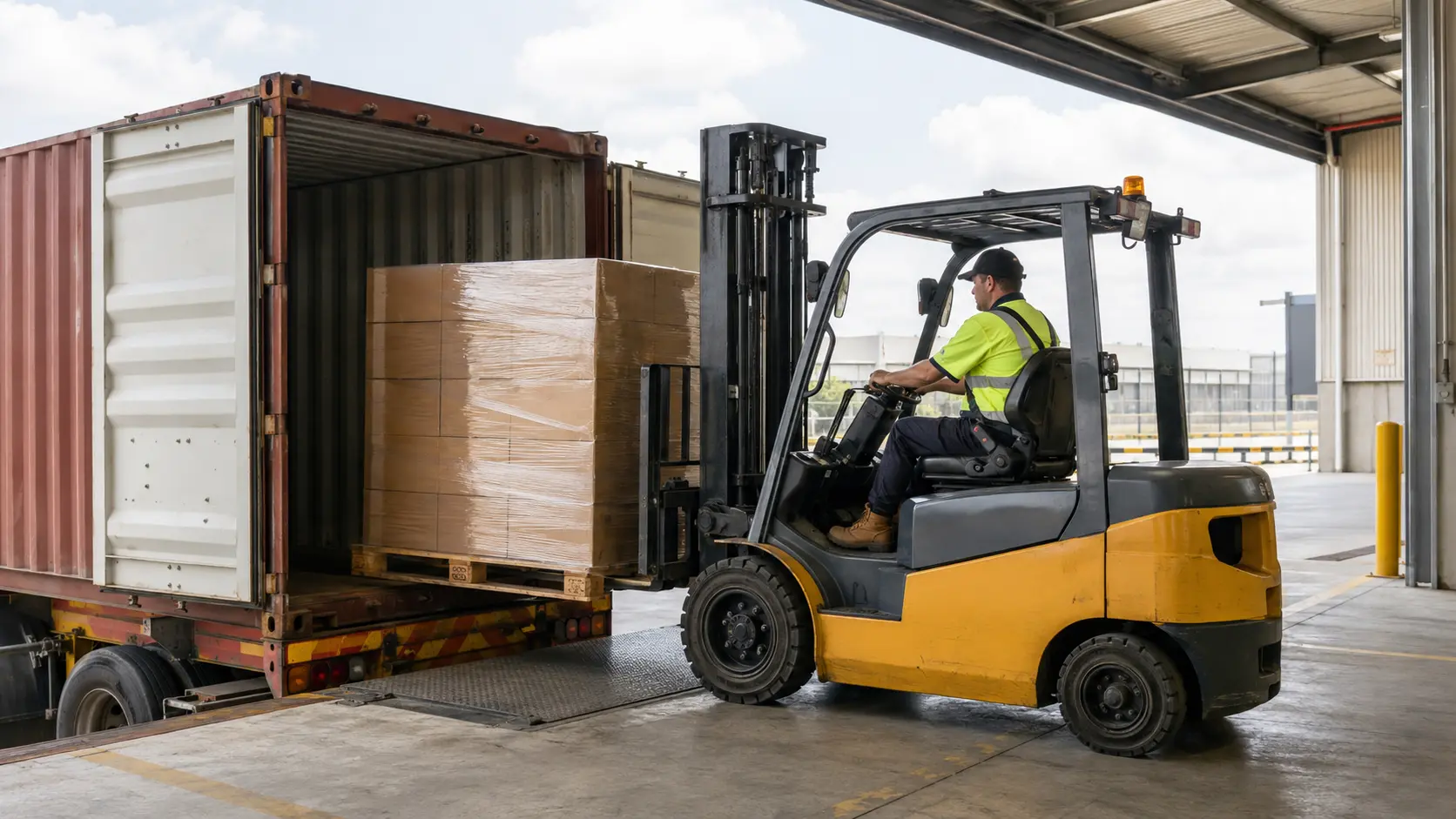 Forklift safely unloading palletised stock from a container