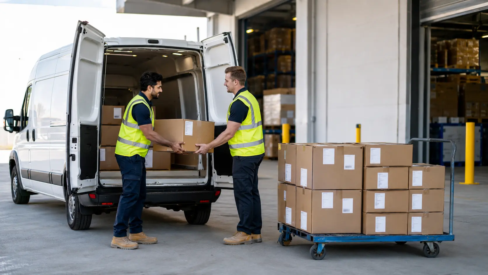 Warehouse team loading cartons into a delivery van